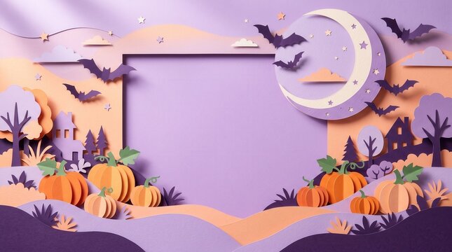 A Halloween-themed paper cutout scene with pumpkins, bats, crescent moon, trees, and houses in purple and orange hues, featuring a blank center for text or images.