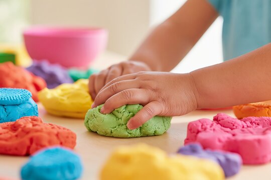 Close up of child's hands squishing colorful playdough on a wooden table with various vibrant playdough shapes and a pink bowl in the background