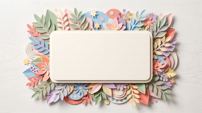 A blank rectangular card surrounded by colorful paper-cut floral and leaf patterns in pastel shades on a light wooden background.