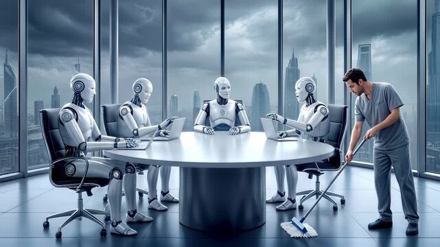 Human janitor mopping floor while humanoid robots conduct business meeting in futuristic office. Artificial intelligence taking over professional roles in modern corporate setting. Lockdown wide shot.