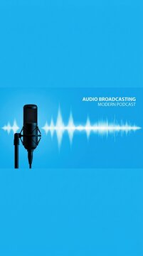 Microphone with waveform on blue background, broadcasting or podcasting banner