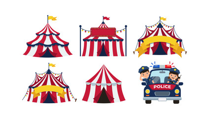 A collection of red and white striped circus tents with blank yellow banners, accompanied by a police patrol car. © Nesar
