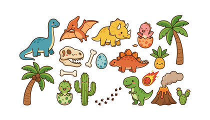 A cute collection of cartoon dinosaur vector elements, featuring prehistoric animals, hatching eggs, palm trees, and a smoking volcano. © Nesar