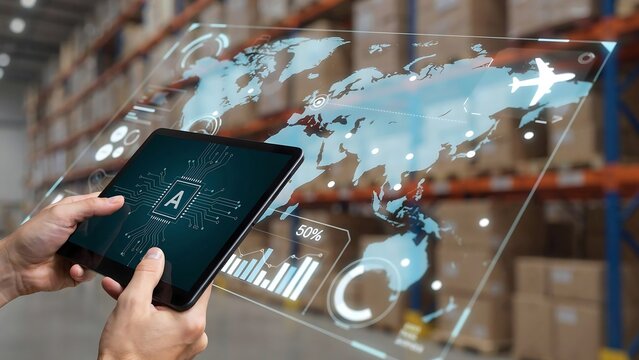 A person holds a digital tablet controlling global supply chain, logistics network, and warehouse AI management system