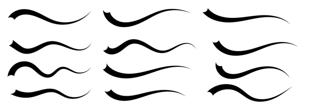 Vintage baseball script swooshes and swashes with dynamic retro wave tails. Athletic lettering and typographic underlines for sports logos, apparel, and branding.