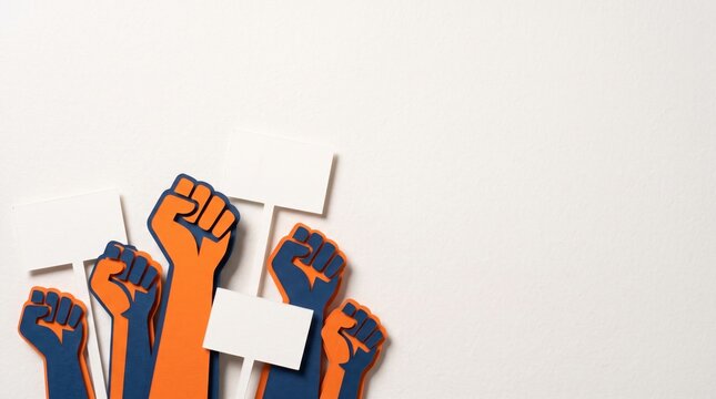 Raised fists holding blank placards symbolizing protest, solidarity, and activism on a plain background.