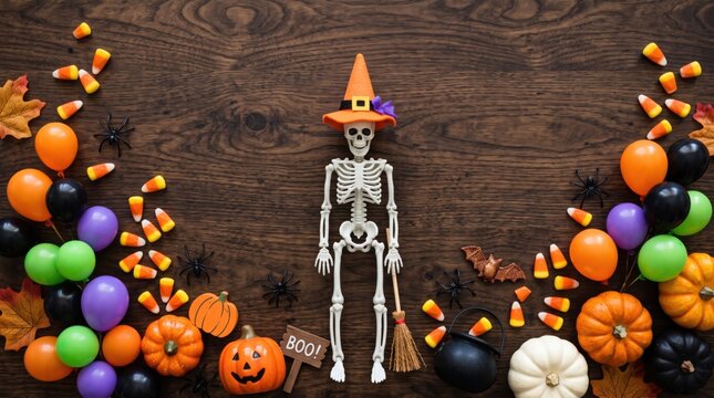 Halloween-themed flat lay with a skeleton wearing a witch hat, surrounded by pumpkins, candy corn, balloons, spiders, a broom, and a "Boo!" sign on a wooden background.