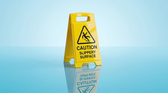A yellow caution sign warning of a slippery surface stands on a reflective, wet floor against a light blue background.