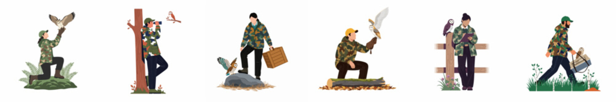 Collection of Vector Illustrations Featuring Falconers in Camouflage Gear Interacting with Birds of Prey like Hawks and Falcons in Various Outdoor Settings and Wilderness Environments