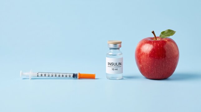 A syringe, an insulin vial, and a red apple on a light blue background symbolize diabetes management and healthy living.