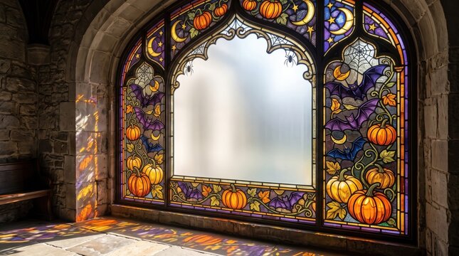 A colorful stained glass window featuring pumpkins, bats, and a crescent moon, casting vibrant light patterns inside a stone-arched room.