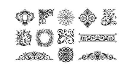 Fototapeta premium Collection of vintage decorative floral ornaments, corners, frames, and dividers for wedding invitations and scrapbooking