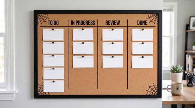A cork bulletin board divided into four columns labeled To Do, In Progress, Review, and Done, with blank pinned note cards under each section.