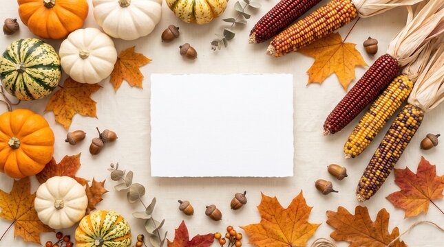 Autumn-themed flat lay with pumpkins, colorful Indian corn, dried leaves, acorns, and a blank white card in the center on a light fabric background.