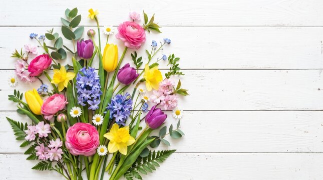 A vibrant bouquet of spring flowers including tulips, daffodils, ranunculus, daisies, and hyacinths laid on a white wooden background.