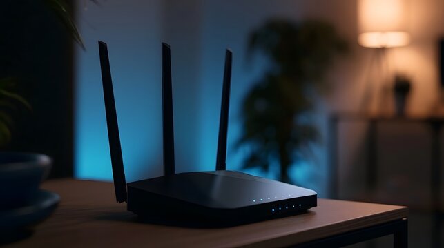A sleek black wireless router with three antennas sits on a wooden table under soft ambient lighting