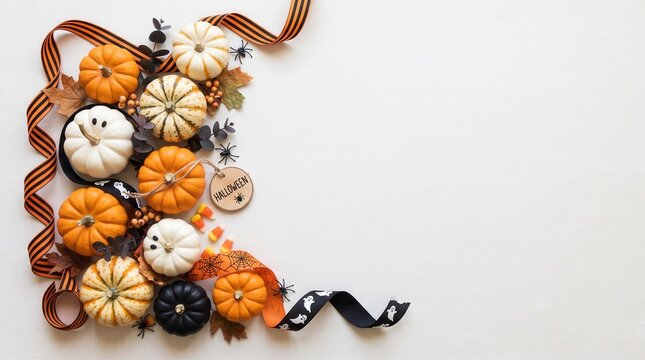 A festive autumn Halloween arrangement with mini pumpkins, candy corn, ribbons, autumn leaves, and spider decorations on a light background.
