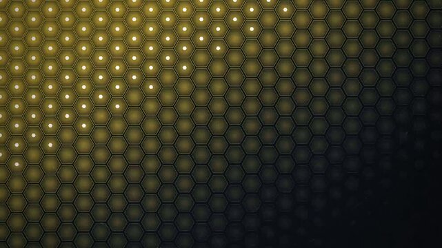 Abstract glowing gold hexagonal grid pattern on a dark background with fading light effects inspired by modern digital motion rendering