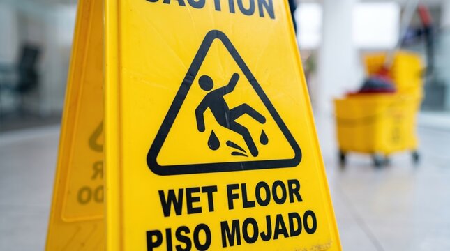 Yellow caution sign warning of a wet floor in both English and Spanish, placed in a clean indoor area.