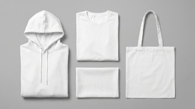 White blank apparel and accessories including a hoodie, t-shirt, towel, and tote bag on a gray background.