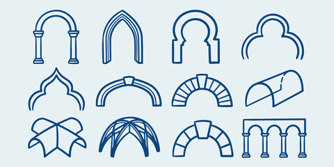 Fototapeta premium Architectural arch and vault element icons with architecture building structure construction entrance passageway monument heritage classical ornamental architect interior exterior