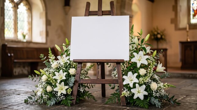 A blank white canvas on an easel is surrounded by white lilies and greenery inside a softly lit church interior.