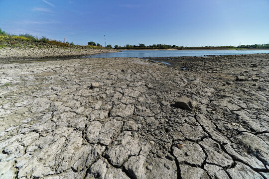 Rheinufer bei Rees, Niedrigwasser und ausgetrocknete Ufer