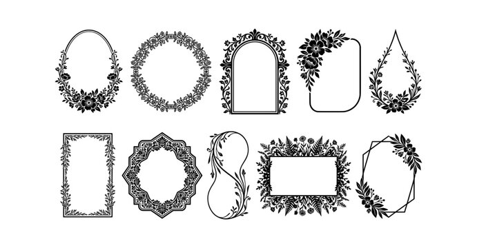 Set of floral frames and wreaths, hand drawn botanical design elements for wedding invitations and cards