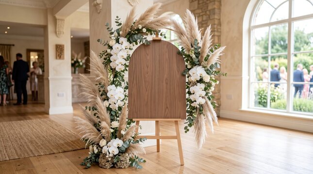 A wooden signboard decorated with pampas grass and white flowers stands on an easel in a bright room with large arched windows and wooden floors.