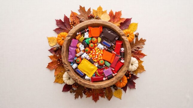 A top-down view of a wooden bowl filled with assorted Halloween candies, surrounded by colorful autumn leaves and small decorative pumpkins.