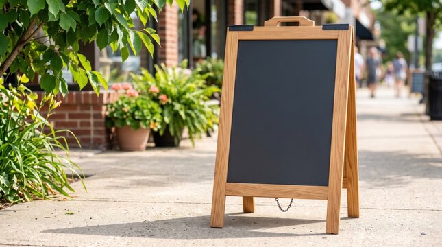 A blank wooden sandwich board sign stands on a sunny sidewalk outside a storefront with plants and brick walls in the background.