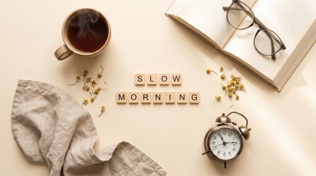 A cozy morning setup with a steaming cup of coffee, an open book, glasses, an alarm clock, and Scrabble tiles spelling "SLOW MORNING.