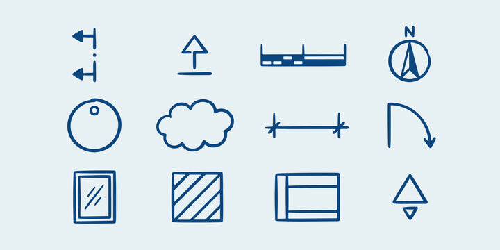 Set of architectural floor plan symbols and construction drawing elements with scale bar architectural blueprints drafting construction technical geometry measurements engineering schematics