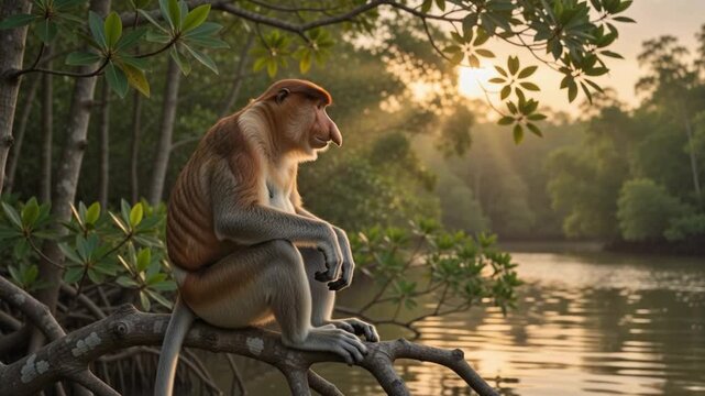 Proboscis Monkey Sitting Beside a River at Golden Sunset in Borneo. 4K