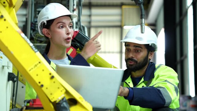 Two construction professionals working together on a laptop at a job site wearing safety gear surrounded by machinery
