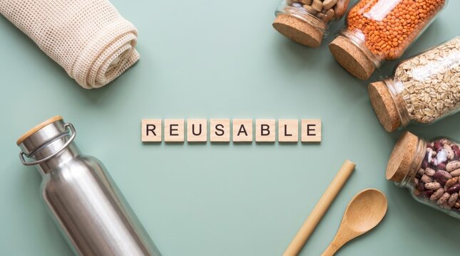 Eco-friendly reusable items including a metal water bottle, wooden spoon, cloth bag, and glass jars with food surround the word "REUSABLE" spelled with wooden tiles.