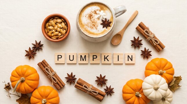 Cozy autumn setup featuring pumpkins, cinnamon sticks, star anise, a cup of spiced coffee, and scrabble tiles spelling "PUMPKIN.
