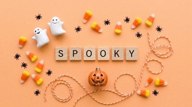 Halloween-themed flat lay with candy corn, mini ghosts, spiders, a pumpkin, and the word "SPOOKY" spelled in wooden tiles on an orange background.