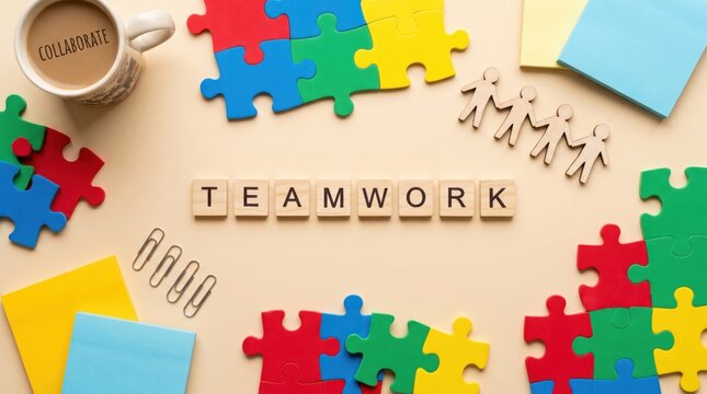 Wooden tiles spell "TEAMWORK" surrounded by colorful puzzle pieces, paper clips, sticky notes, paper cutouts, and a mug labeled "COLLABORATE" on a beige surface.