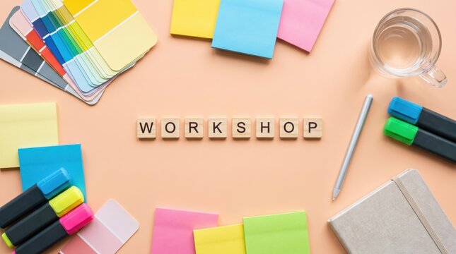 Workspace with colorful sticky notes, markers, paint swatches, a pen, and a glass of water surrounding the word "WORKSHOP" spelled out in wooden letter tiles.