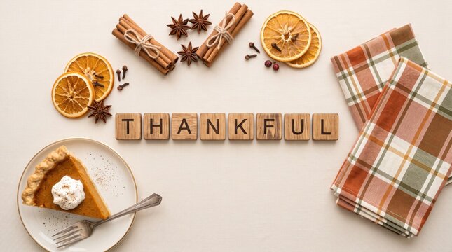 A cozy autumn-themed flat lay with a slice of pumpkin pie, spices, dried orange slices, and wooden blocks spelling "THANKFUL" on a light textured surface.