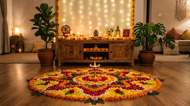 Beautiful diwali home decor with a traditional flower rangoli, glowing diyas, and a ganesha idol on a wooden console table in a warm, festive setting