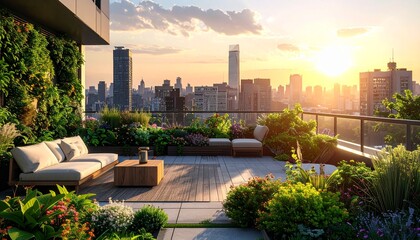 Fototapeta premium Urban Rooftop Garden with City Skyline at Sunset