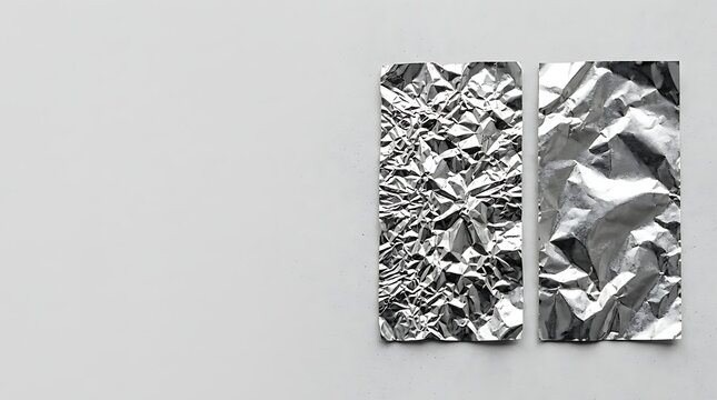 Crumpled silver foil rectangles on minimalist grey background