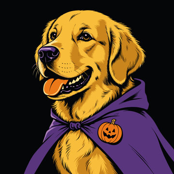 Golden retriever dressed in Halloween vampire cape with pumpkin badge illustration for pet party flyer, Halloween greeting card, merchandise and autumn holiday banner