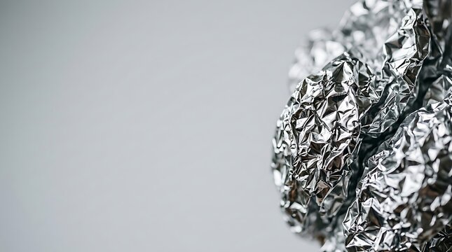 Abstract crumpled silver aluminum foil texture on grey background
