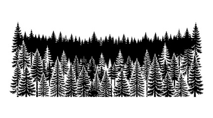 Black silhouette of dense pine forest against white background © yanto