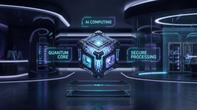 Futuristic digital interface showing advanced artificial intelligence technology with glowing neon lights and abstract data structures in a dark virtual environment