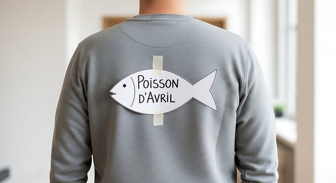 Man with paper April Fools fish on his back