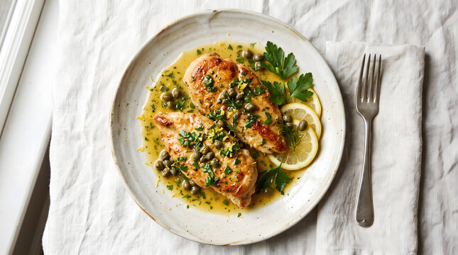Italian chicken piccata, tender chicken with lemon butter sauce, capers and fresh herbs.